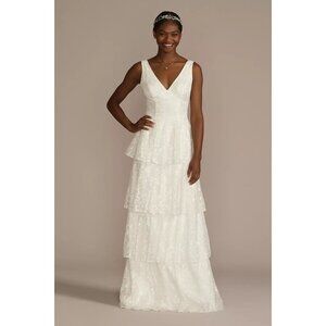 DB Studio Boho Floral Lace Sleeveless Tiered Wedding Gown Dress Whimsical Fairy